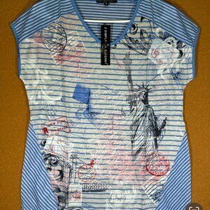 Simply Elegant Women Blue & Light Grey Lines XL Top V Neck Short Sleeve Blouse